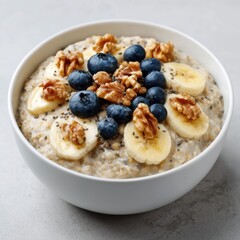 Healthy oatmeal bowl topped with fresh blueberries sliced bananas and walnuts isolated on white background