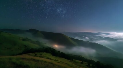 Starry Night Mountainscape. Lush hills roll under a night sky with fog below. Use for travel, nature, or dreamy designs.