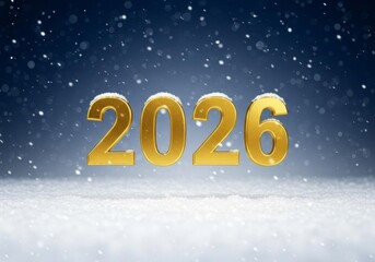 Golden 2026 Year in Snow with Falling Snowflakes, Winter Holiday Season, New Year's Eve Concept.