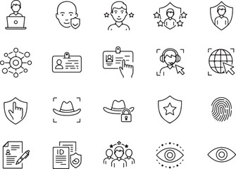 Identity and Cybersecurity Icons Vector Pack, Privacy and Verification Clipart Set, Shield, Laptop, Fingerprint, Badge, Lock, Document, Eye, Headset, Network, Cursor