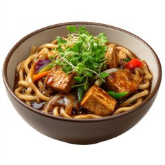Fototapeta premium Delicious udon noodle stir fry with tofu and fresh greens in a bowl isolated on white background