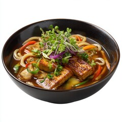 Fototapeta premium Delicious bowl of japanese udon noodle soup with savory broth and fresh ingredients isolated on white background