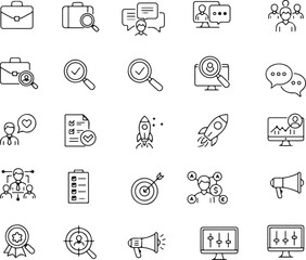 Business and Communication Icons Pack, Technology and Strategy Vector Set, Briefcase, Rocket, Target, Magnifying Glass, Speech Bubble, Megaphone, Clipboard, Idea Symbol