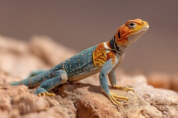 Obraz premium Vibrant lizard perched on rock, showcasing stunning colors and textures in natural habitat