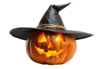 A single carved pumpkin with a glowing face wears a black witch hat embodying the spirit of halloween isolated on transparent