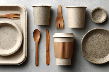 set of empty reusable disposable eco-friendly plates, cups, utensils on light white colored table background. top view. Biodegradable craft dishes. Recycling concept. Close-up