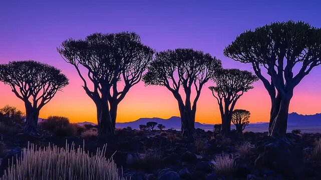 Silhouettes of quiver trees at sunrise