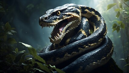 Coiled Black and Yellow Snake in Natural Forest Habitat