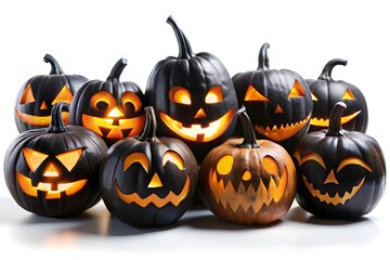 A group of carved jackolanterns with glowing lights are arranged together on a white background for halloween