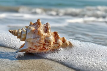 Stunning seashell on sandy beach with waves lapping, evokes serenity and vacation dreams