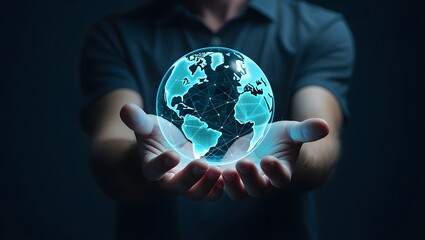 Global network connection technology concept world globe in hands digital earth map