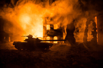 War Concept. Military silhouettes fighting scene on war fog sky background, World War Soldiers...