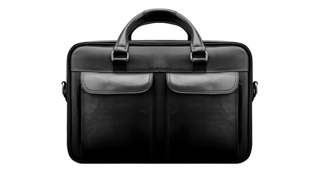 Luxury black leather briefcase business bag for professional men and women on transparent background