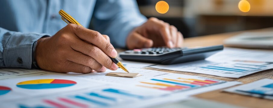 Financial Analyst Analyzing Charts with Calculator and Pen, Financial Report, Data Analysis Financial analysis, Business analysis