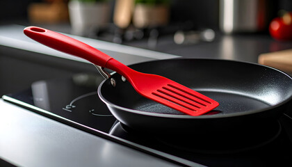 Red Spatula in Black Frying Pan.