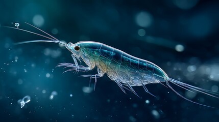 Stunning close-up of a transparent crustacean in deep ocean water, dynamic macro art