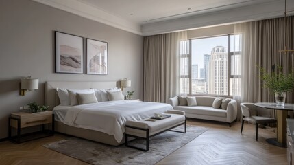 Elegant bedroom with a view of the city.