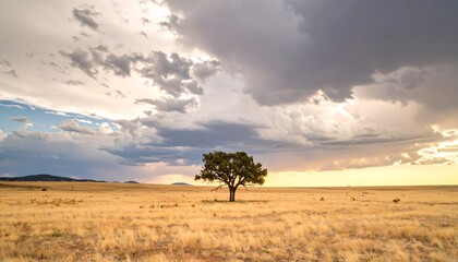 Obraz premium Solitary tree in vast golden plains under dramatic sky