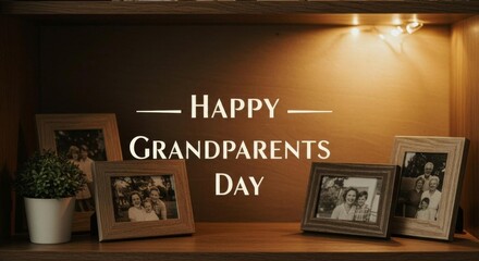 Happy Grandparents Day message with family photos in wooden frames, shelf and decorative plant.