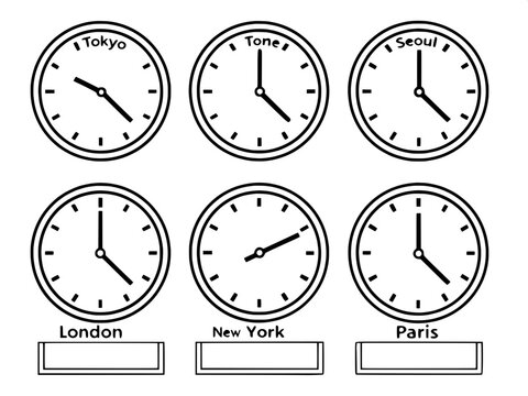 A collection of twelve time zone clocks, each labeled with a major world city name underneath. Each clock is a clean black outline with hands at different positions representing local times. The style