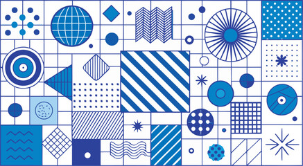 Obraz premium Blue geometric shapes and patterns on white grid background