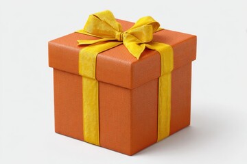 A bright orange gift box with a yellow ribbon and bow isolated on white background