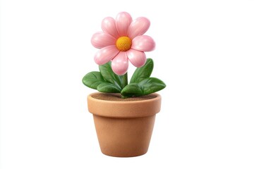 A delicate pink flower with a yellow center blooms in a terracotta pot isolated on white background