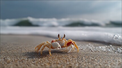 Charming crab exploring sandy beach with ocean waves in the background, serene coastal scene