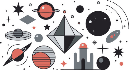 Obraz premium Geometric Space Objects And Stars In Coral Grey And Black
