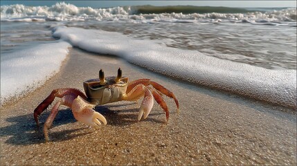 Close-up of a crab on a sandy beach with ocean waves, perfect for travel and nature concepts