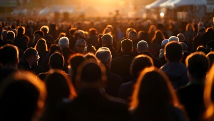 Crowd of people gathering at outdoor event during sunset for festival or concert