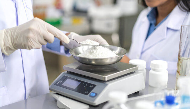 Scientists weighing powder in lab.