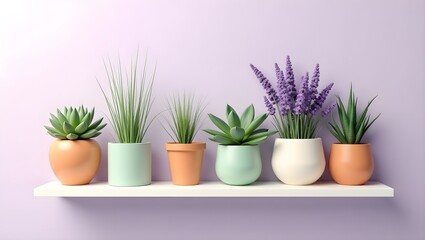 Obraz premium A charming, meticulously arranged collection of potted plants displayed on a sleek, pristine white floating shelf