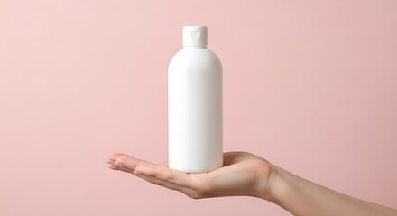 A womans hand is holding a white bottle on a pink background