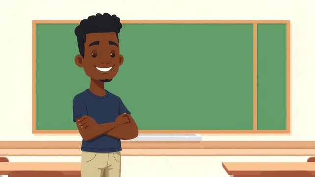 Smiling young male teacher standing near chalkboard in classroom, concept of learning and preparing for lesson, cartoon vector style
