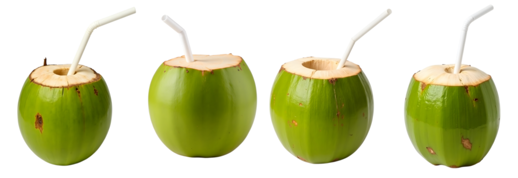 Four fresh green coconuts with straws inserted are lined up on a transparent background ready to be enjoyed