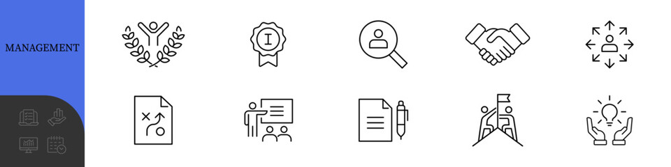 Management Line Editable Icons set. Vector illustration in modern thin line style of business icons: functions, principles, goals, and more. Pictograms and infographics for mobile apps