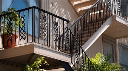 Intricate wrought iron railings on a sunlit staircase, showcasing craftsmanship in a modern residential setting.