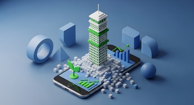 Business corporate 3D process, a modern smartphone displaying a towering green and white skyscraper emerging from its screen, surrounded by white and blue cubes. The phone's display features rising