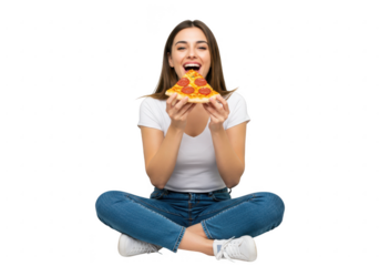 Young woman eating pizza isolated on transparent background