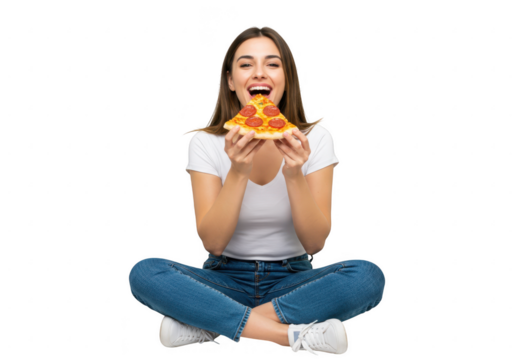 Young woman eating pizza isolated on transparent background