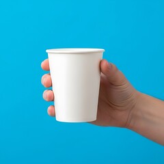 Obraz premium Hand holding a white paper coffee cup against a blue background