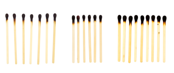 Three rows of wooden matches are arranged on a transparent background with the heads of some matches showing signs of being burnt