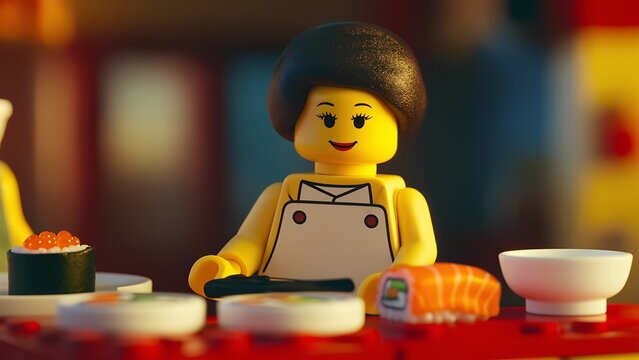 Charming chef figure in a cozy kitchen, skillfully preparing delicious sushi. Perfect for culinary themes, cooking fun, and creative projects related to food and gastronomy.