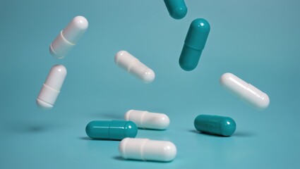 White and teal medicine capsules fall onto a solid light blue background