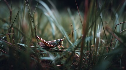 Detailed macro shot of a grasshopper resting in tall green grass, serene natural scene
