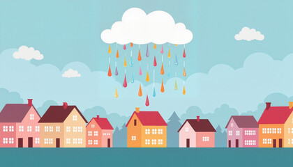 Fototapeta premium Colorful houses with rain falling from clouds in a blue sky 