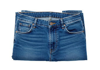 A pair of folded blue denim jeans with pockets and a button closure isolated on transparent background