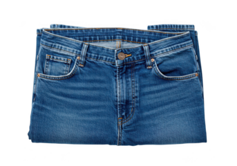 A pair of folded blue denim jeans with pockets and a button closure isolated on transparent background