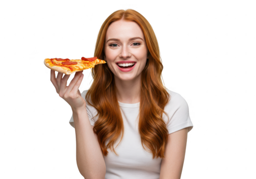 Smiling woman holding a slice of pizza isolated on transparent background